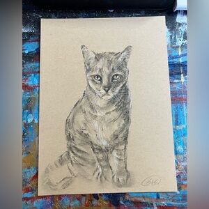Original Cat tabby handmade art pastel charcoal painting home decor artwork USA